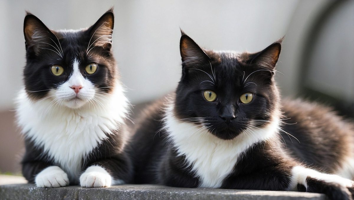Zwei schwarz-weiße Katzen liegen nebeneinander auf einer Mauer, eine blickt in die Kamera